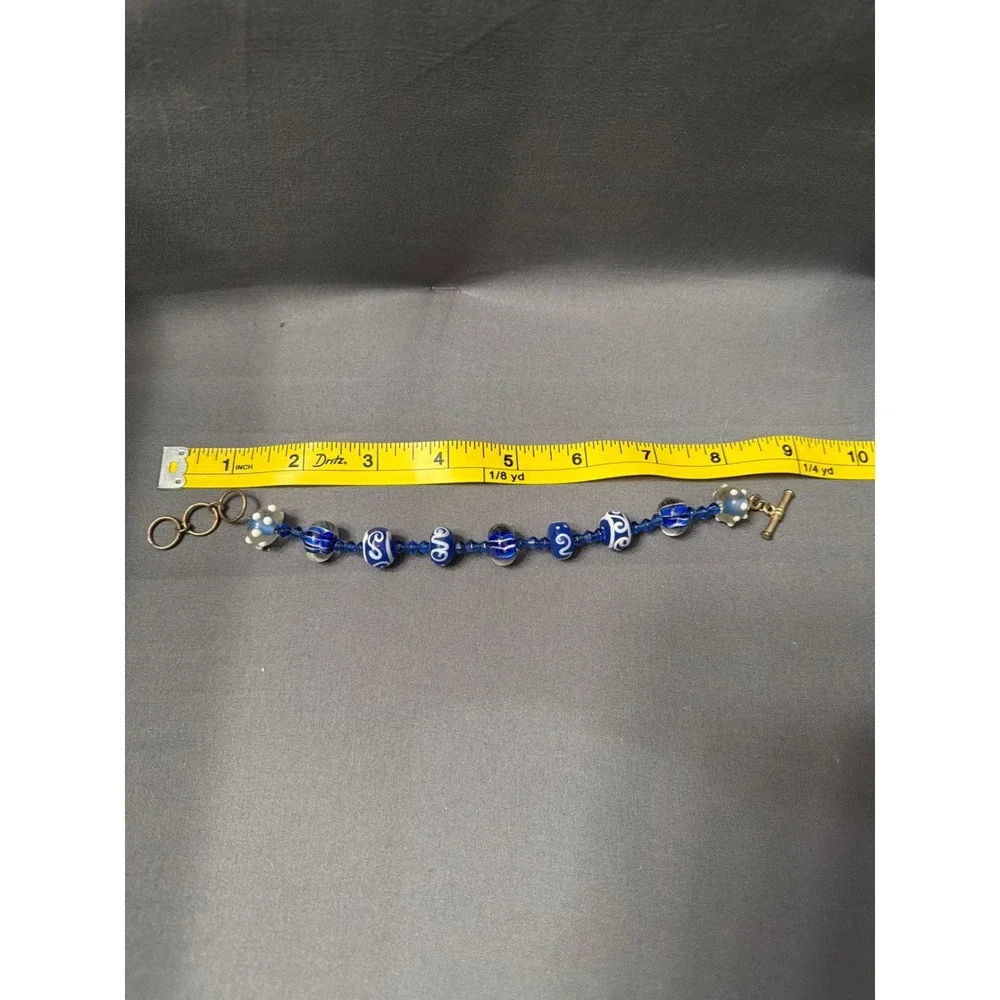Artisan Lampwork Glass Bead Bracelet Blue White Swirl Dot Brass Toggle Clasp 9in